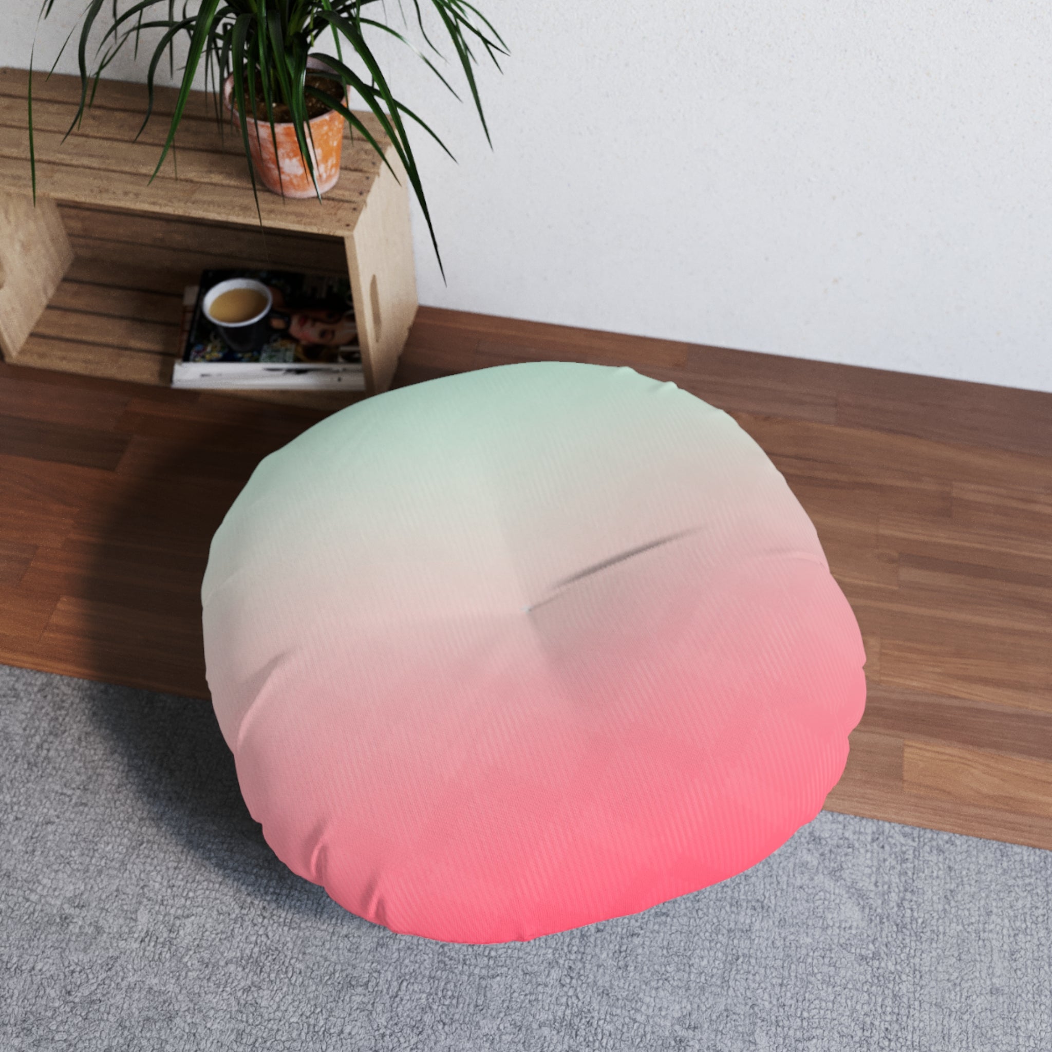Ombre Tufted Round Floor Pillow — Mint to Coral Accent Cushion