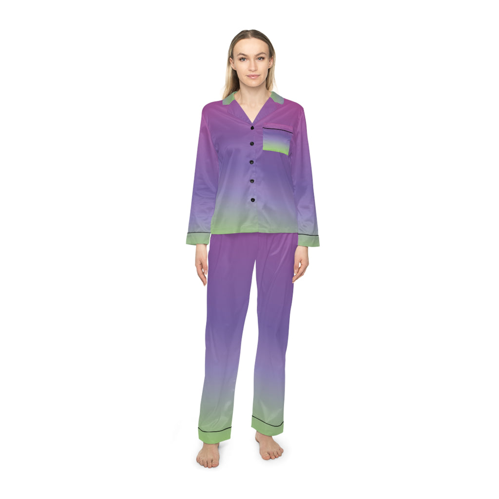 Women's Gradient Satin Pajama Set — Purple to Lime Sleepwear
