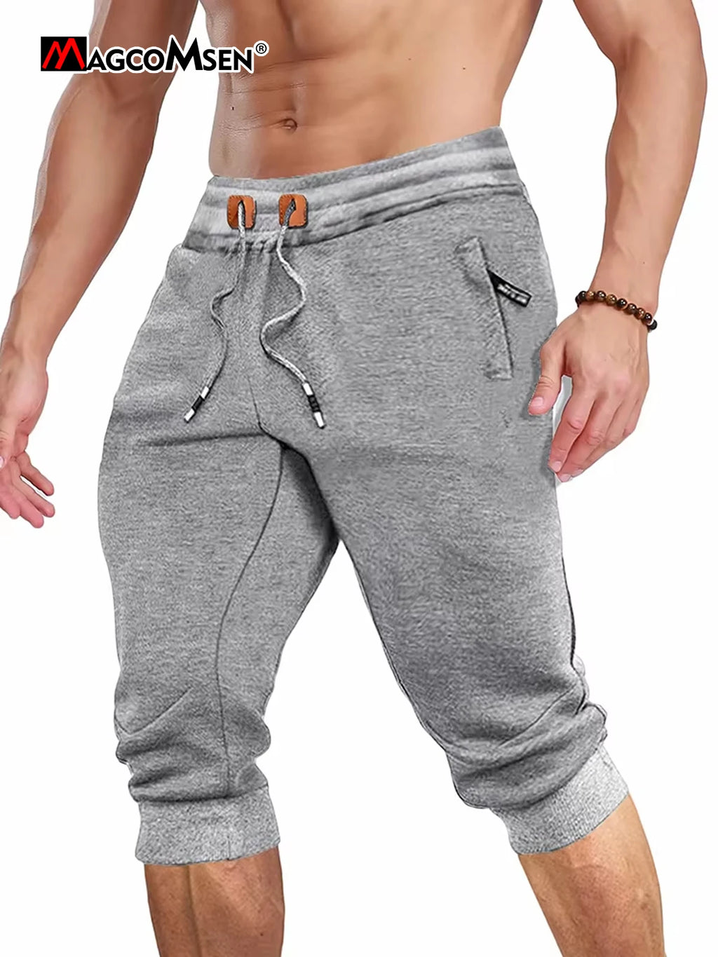 MAGCOMSEN Summer Joggers Men's Below Knee Sweatpants Training Fitness Gyms Pants Zip Pocket Drawstring Elastic Waist Track Pants