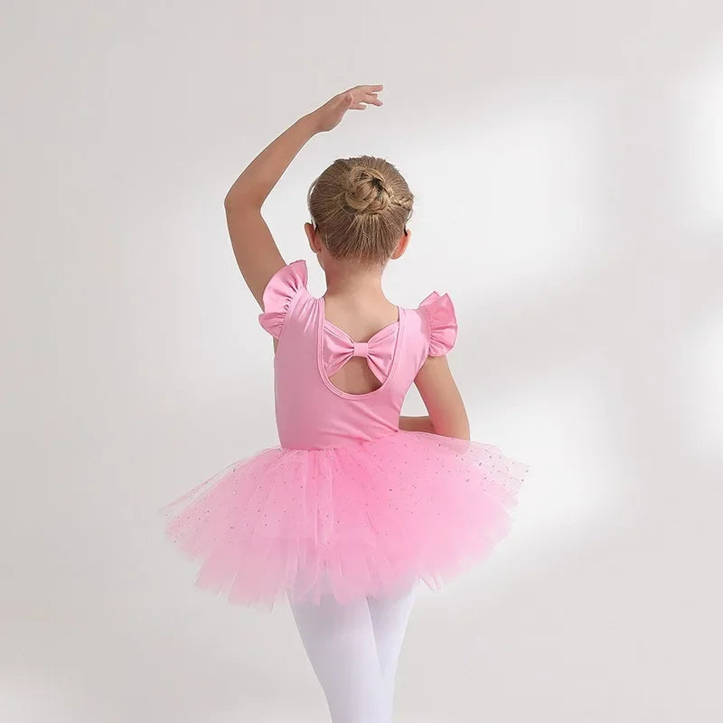 Nutcracker Ballet Girls Leotard Acrobatics Bodysuit Ruffle Sleeve Summer Gymnastics Clothes 4 Layers Puffy Tutu Skirt Sparkle