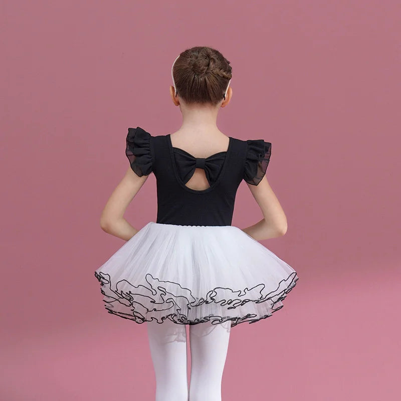 Summer Short Sleeve Leotard Girl Ballet Jumpsuit Tutu Skirt Dance Costume Bowknot Back Bailarina Stage Gymnastic Show Princess