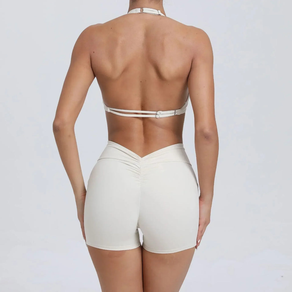 Sexy Backless Scrunch Sport Shorts Set with Pocket Women Gym Workout Clothes Yoga Training Suit for Fitness Sportswear Red Black