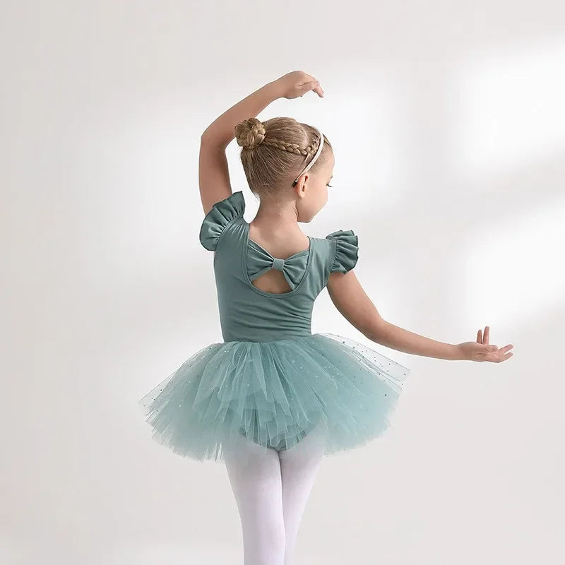 Nutcracker Ballet Girls Leotard Acrobatics Bodysuit Ruffle Sleeve Summer Gymnastics Clothes 4 Layers Puffy Tutu Skirt Sparkle