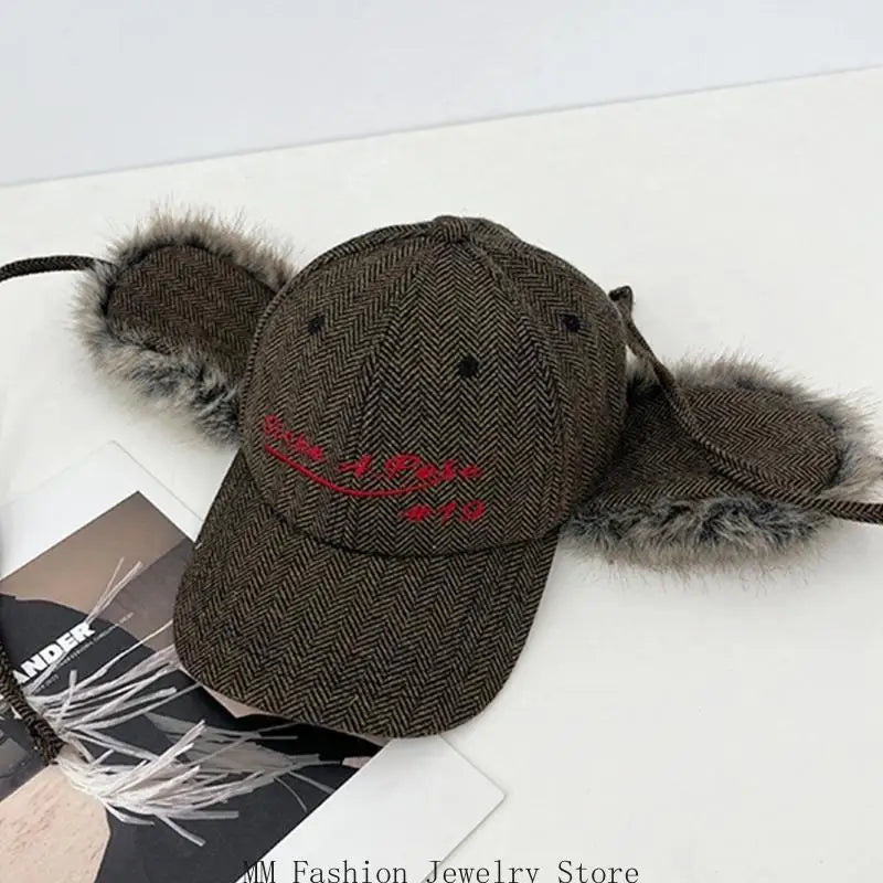 Earflap Baseball Hat for Girls Women Embroidery Furry Casual Hat for Sports Gym Mountain Camping Hat Outdoor Activity