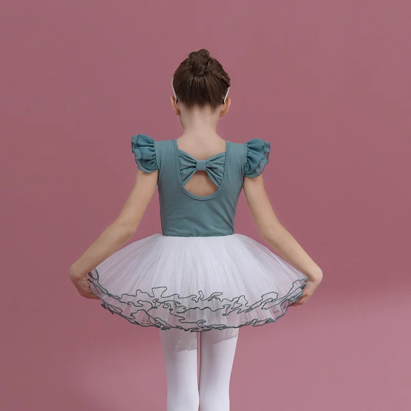 Summer Short Sleeve Leotard Girl Ballet Jumpsuit Tutu Skirt Dance Costume Bowknot Back Bailarina Stage Gymnastic Show Princess