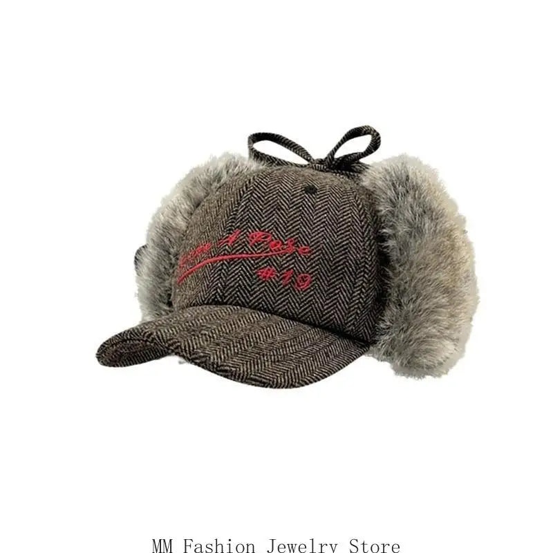 Earflap Baseball Hat for Girls Women Embroidery Furry Casual Hat for Sports Gym Mountain Camping Hat Outdoor Activity