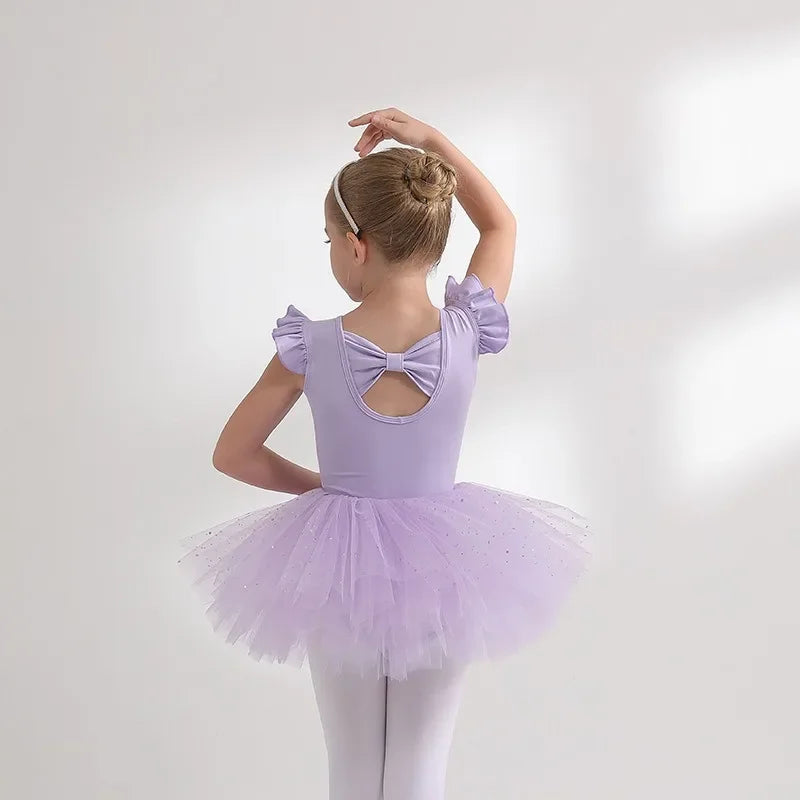 Nutcracker Ballet Girls Leotard Acrobatics Bodysuit Ruffle Sleeve Summer Gymnastics Clothes 4 Layers Puffy Tutu Skirt Sparkle