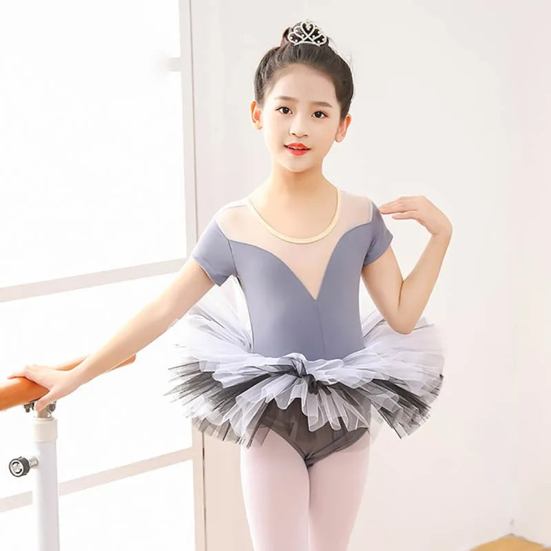 Summer Girls Cotton Short Sleeve Ballet Leotards With Tutu Skirt Body Suit Outfit Set Dancing Dress Gymnastic Costumes Suits Kid