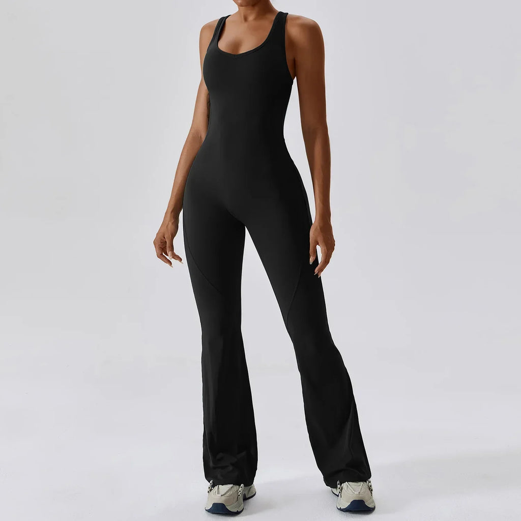 Flared Jumpsuit Women 2025 Fitness Gym Overalls for Women Sportswear Monos Largos Mujer Yoga Tracksuit Brown Khaki White Blue