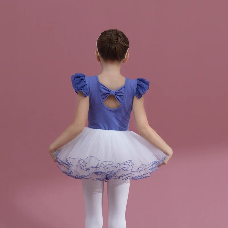 Summer Short Sleeve Leotard Girl Ballet Jumpsuit Tutu Skirt Dance Costume Bowknot Back Bailarina Stage Gymnastic Show Princess