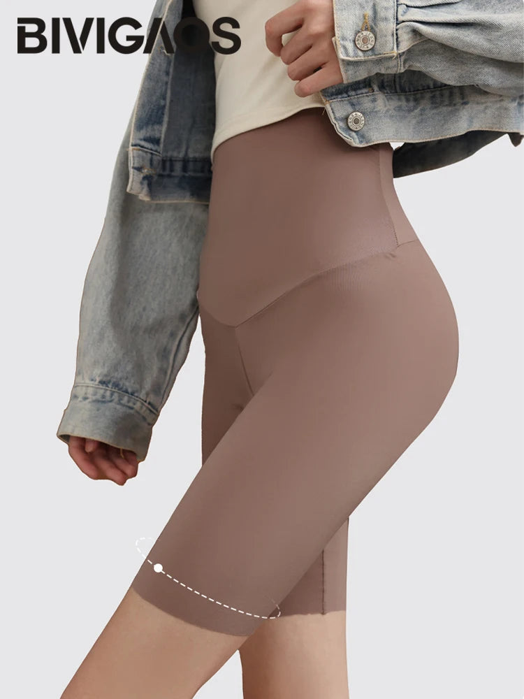 BIVIGAOS Summer Ultra-Thin Mask Cycling Shorts Women Ultra-High Waist Sexy Seamless Yoga Fitness Sport Knee-Length Short Legging
