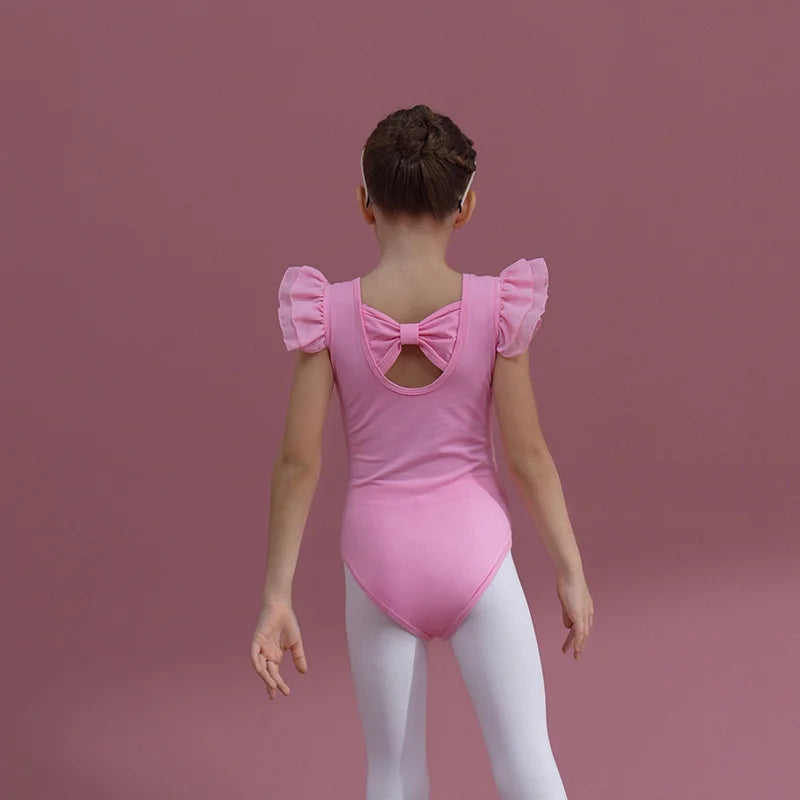 Summer Short Sleeve Leotard Girl Ballet Jumpsuit Tutu Skirt Dance Costume Bowknot Back Bailarina Stage Gymnastic Show Princess
