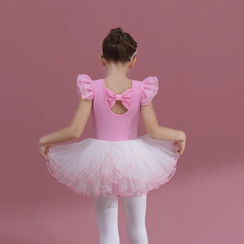 Summer Short Sleeve Leotard Girl Ballet Jumpsuit Tutu Skirt Dance Costume Bowknot Back Bailarina Stage Gymnastic Show Princess