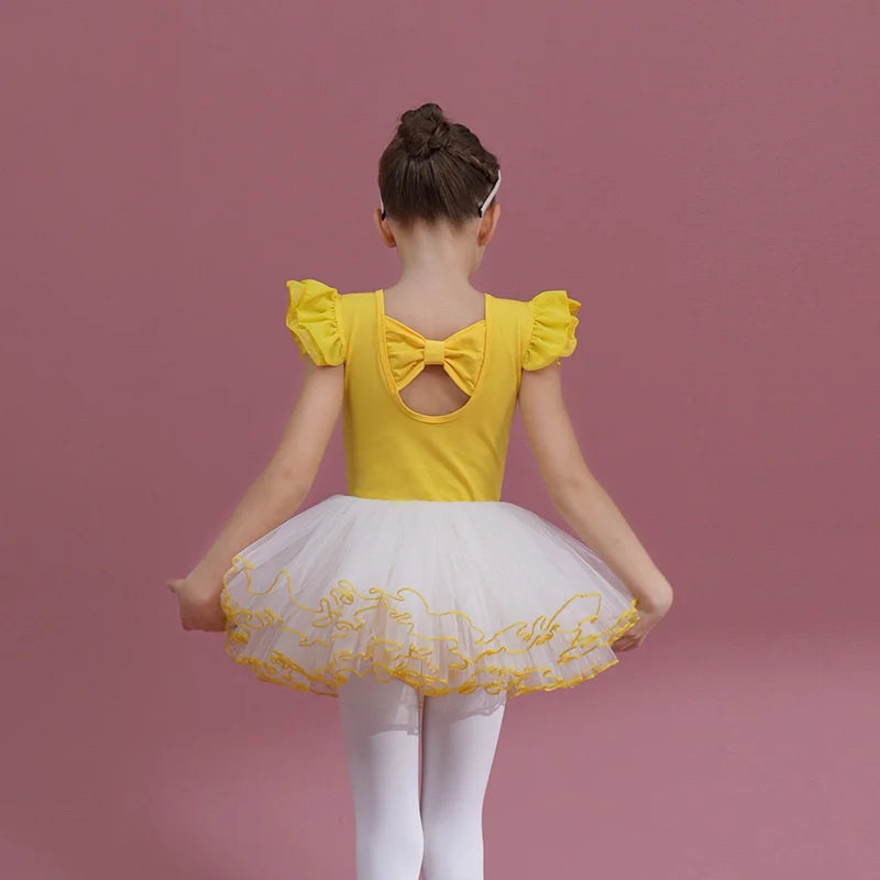 Summer Short Sleeve Leotard Girl Ballet Jumpsuit Tutu Skirt Dance Costume Bowknot Back Bailarina Stage Gymnastic Show Princess
