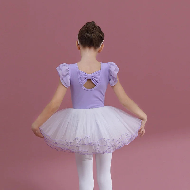 Summer Short Sleeve Leotard Girl Ballet Jumpsuit Tutu Skirt Dance Costume Bowknot Back Bailarina Stage Gymnastic Show Princess