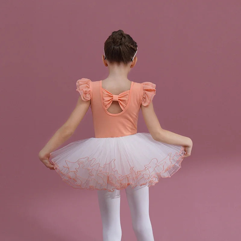 Summer Short Sleeve Leotard Girl Ballet Jumpsuit Tutu Skirt Dance Costume Bowknot Back Bailarina Stage Gymnastic Show Princess