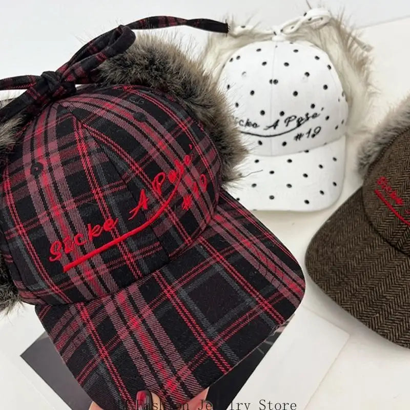 Earflap Baseball Hat for Girls Women Embroidery Furry Casual Hat for Sports Gym Mountain Camping Hat Outdoor Activity
