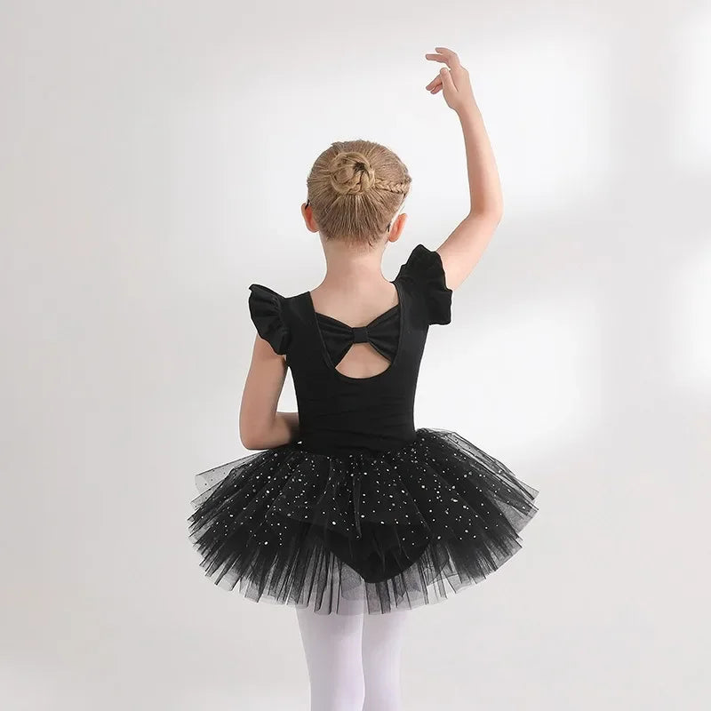 Nutcracker Ballet Girls Leotard Acrobatics Bodysuit Ruffle Sleeve Summer Gymnastics Clothes 4 Layers Puffy Tutu Skirt Sparkle