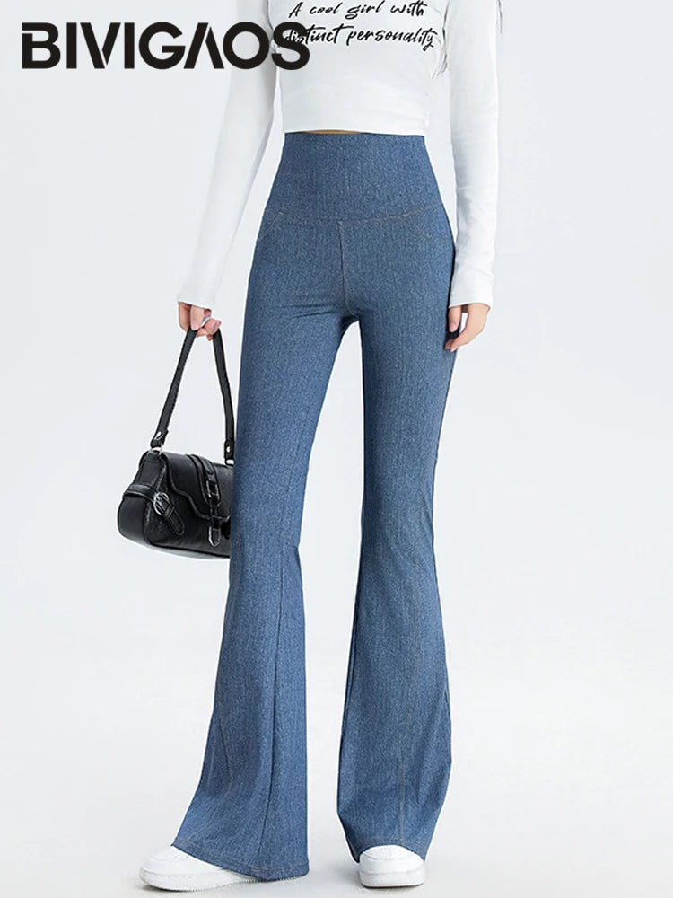BIVIGAOS 2025 Spring New Jeans Flared Leggings Pants Women High Waist Pocket Stretch Fitness Leggings Slim Tight Sexy Jeggings