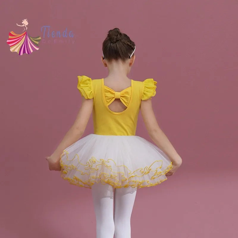 Summer Short Sleeve Leotard Girl Ballet Jumpsuit Tutu Skirt Dance Costume Bowknot Back Bailarina Stage Gymnastic Show Princess