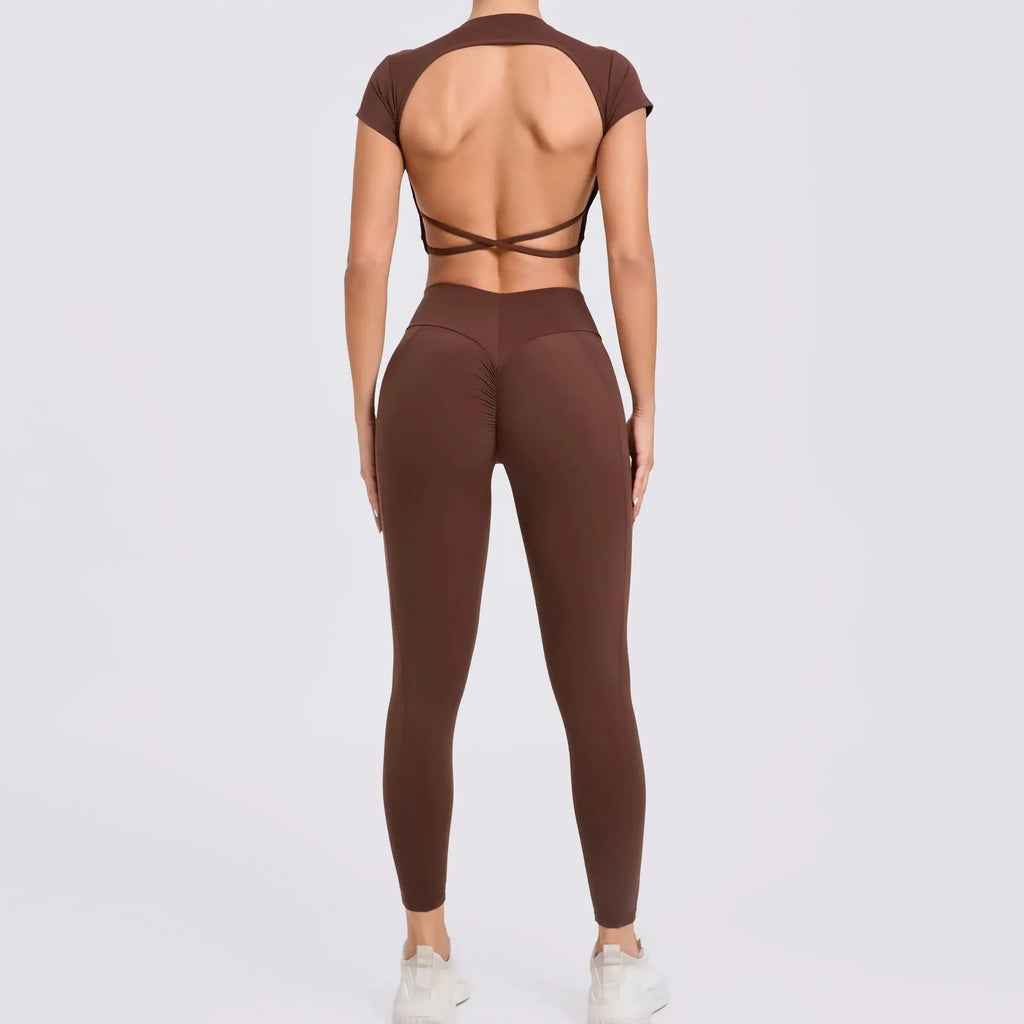 Cross Backless Sporty Set Women 2 Piece Sportswear Short Sleeve Training Suit for Fitness Yoga Wear Female Gym Workout Clothes