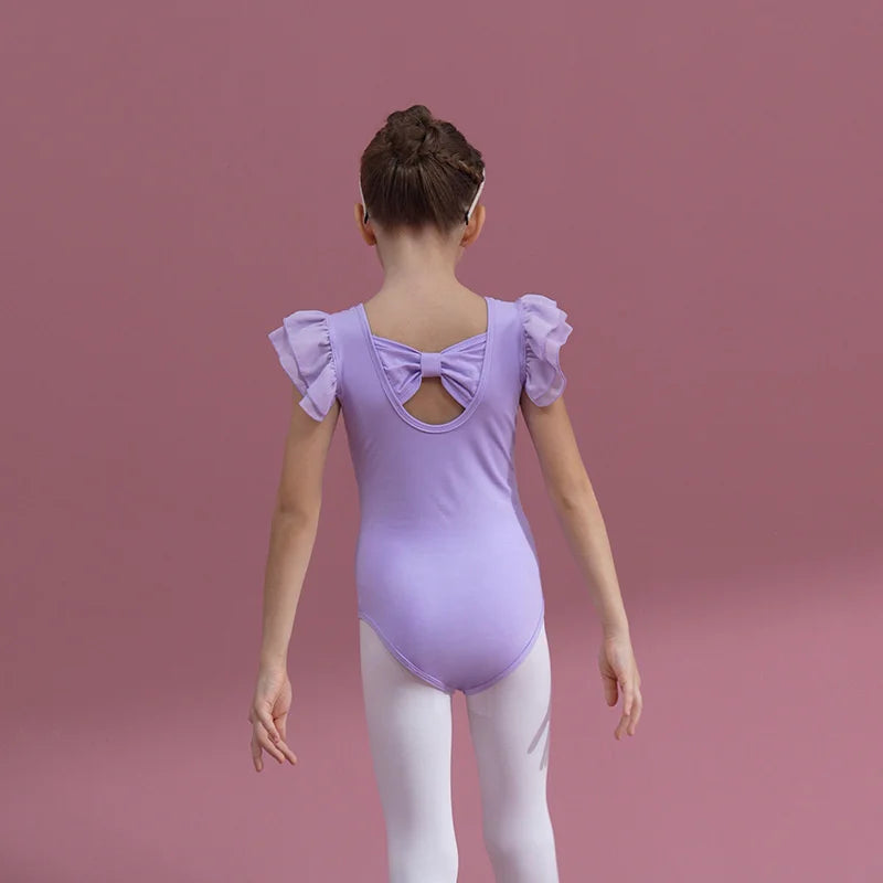 Summer Short Sleeve Leotard Girl Ballet Jumpsuit Tutu Skirt Dance Costume Bowknot Back Bailarina Stage Gymnastic Show Princess